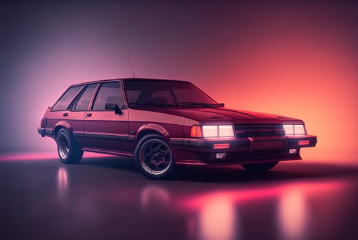 80s styled abstract retro car. Vintage automotive design in neon lights. Generated AI