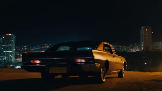 Vintage muscle car parked on the street at night. 80s styled synthwave retro scene with powerful drive in evening. Generated AI