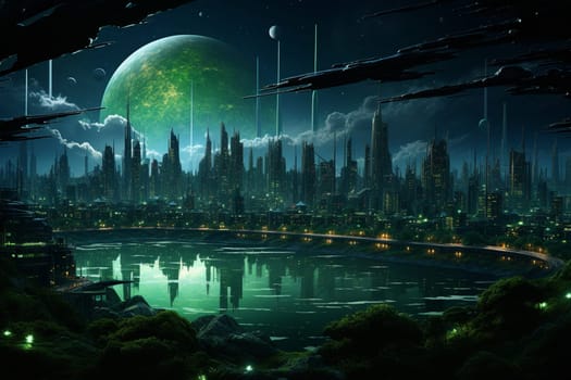 view of the futuristic city on alien planet, digital painting, concept illustration. High quality photo