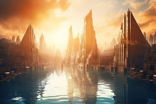 Fantasy city surrounded by river on the sunny landscape. Ancient castle in morning sun rays. Generated AI