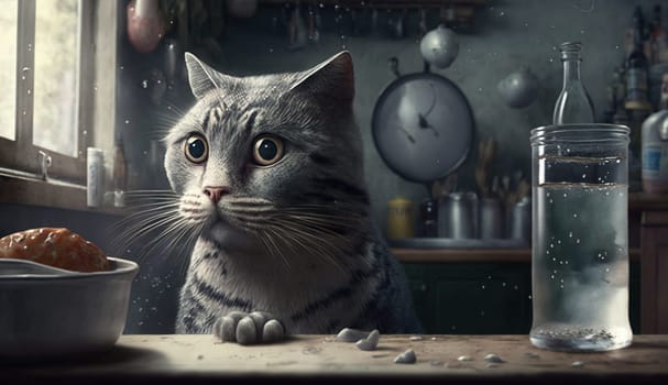 Hungry cat by the table, sadly staring. Cute kitten with the food. Generated AI