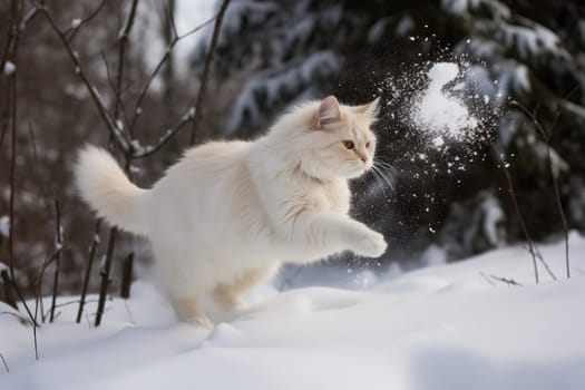 Cat playing in the snow in winter season. Cute kitten having fun with white snow. Generated AI