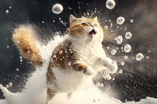 Cat smacked by snowball. Cute kitten with surprised and angry face, hit by snow during winter game. Generated AI