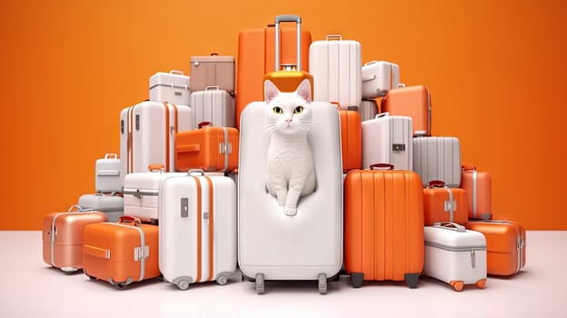 Cute white cat sitting in the suitcase. Sweet fluffy kitten is ready to travel. Generated AI