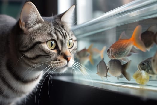 Cute cat watching the fish. Funny kitten sniffing the fish. Generated AI