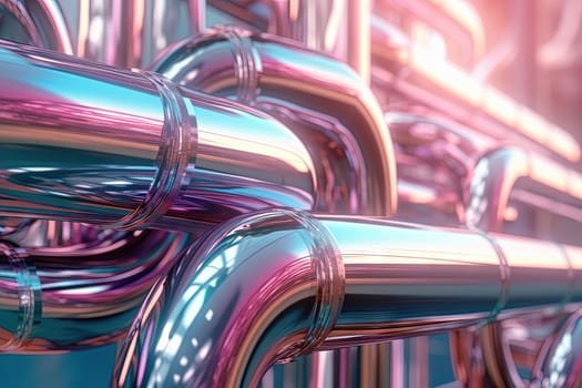 Abstract chrome pipes composition. Industry themed background with shiny metallic connected pipes. Generated AI