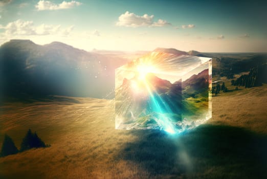 Mysterious glass cube on the natural landscape. Shiny mystic geometric object on abstract background. Generated AI