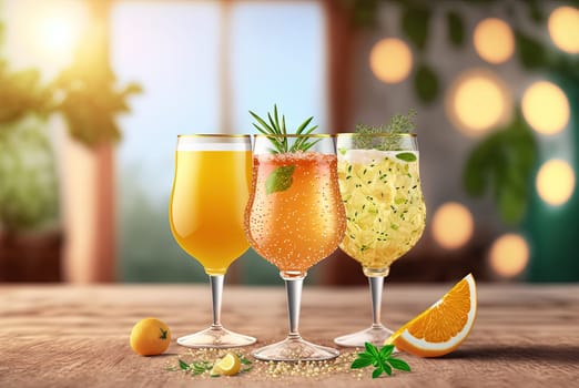Club cocktails on the table with light. Colorful juicy drinks in glasses. Generated AI