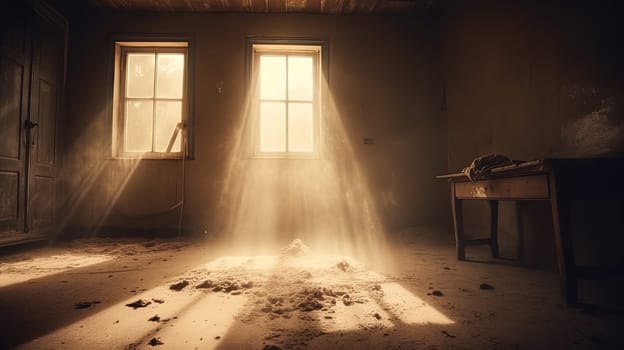 Dusty room with old distressed windows and sun rays. Abandoned grungy interior with lights in the dust. Generated AI