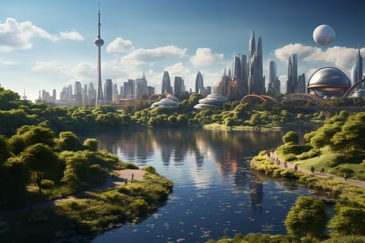 Panoramic view of futuristic morden city skyline. Clean energy with nature in urban environment. Day scene. Cinematic lightning, photo realistic rendering. High quality photo