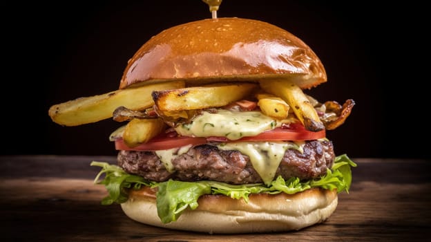 Juicy tasty hamburger on the table. Fast food image of a burger with grilled meat. Generated AI