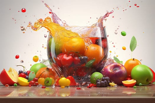 Glass of juice with fruits and berries on the table. Drink splash of sweet organic cocktail. Generated AI