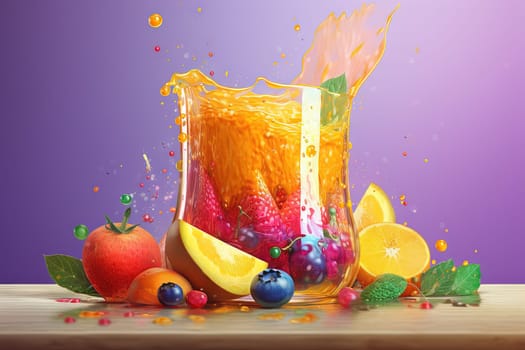 Glass of juice with fruits and berries on the table. Drink splash of sweet organic cocktail. Generated AI