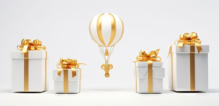 Set of gift boxes with ribbons, arranged for holidays or sale and discount event. Generated AI