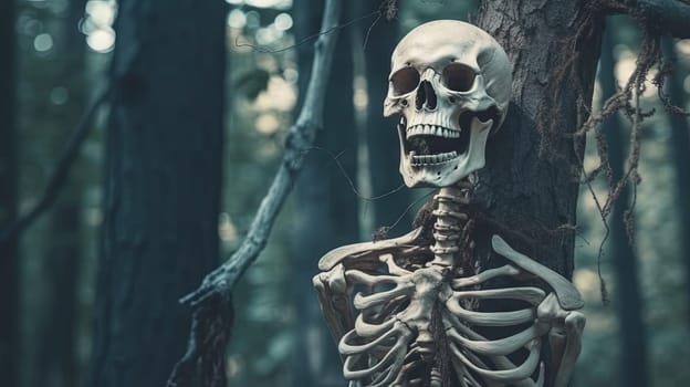 Scary skeleton in the forest on Halloween holidays. Spooky celebration invitation background. Generated AI
