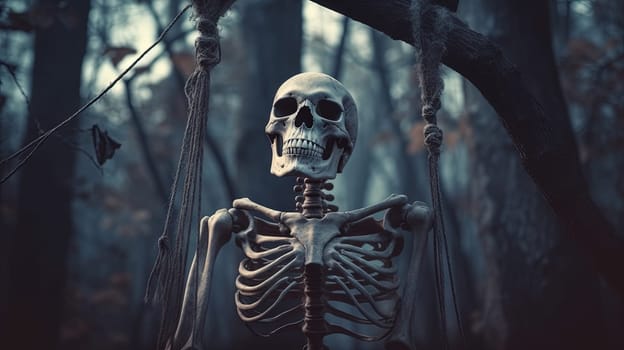 Halloween card with skeleton on a swing. Relaxing skeleton for party invitation on autumn holidays. Generated AI