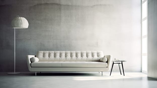 Interior with sofa in modern design. Wide couch in the contemporary room. Generated AI
