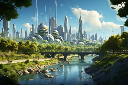 Panoramic view of futuristic morden city skyline. Clean energy with nature in urban environment. Day scene. Cinematic lightning, photo realistic rendering. High quality photo