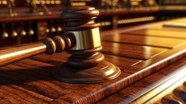 Judge hammer in the court room. Wooden gavel as a symbol of justice. Generated AI