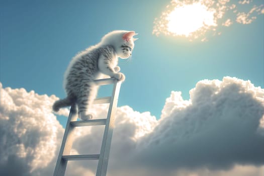 Curious kitten climbing the ladder to the sky with clouds. Cute tiny cat on the stairway. Generated AI