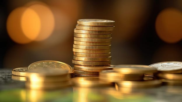 Money concept background with stacks of golden coins. Finance abstract with yellow coins. Generated AI