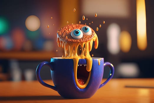 Coffee monster with crazy eyes. Cute character with caffeine energy, very excited. Generated AI