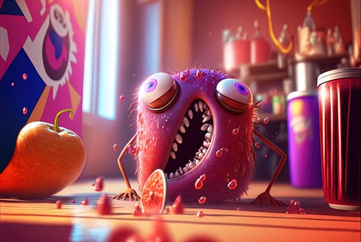 Funny exotic fruit monster. Cute juicy character with expressing freshness and fun. Generated AI