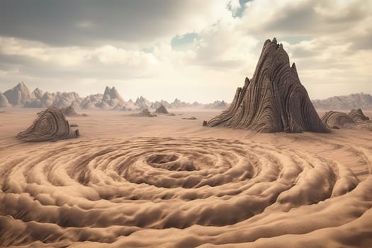 Surreal rock vortex formation. Fictional coiled stones in the desert mountains. Generated AI