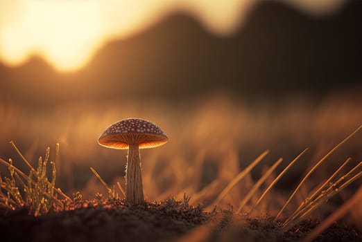 Mystery mushroom on the bump. Fairytale background with mystic mushroom. Generated AI