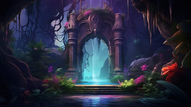 Mysterious door in the jungle. Neon colored scene with magic portal in the woods. Magic gate. Generated AI