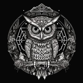 Wild owl with mystic design elements. Occult wise bird black and white symbol in vintage style. Generated AI.