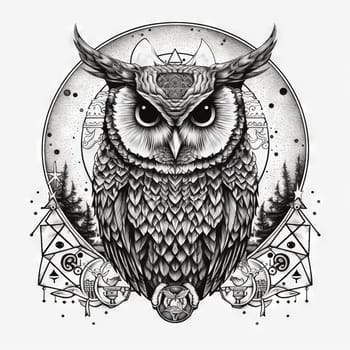 Wild owl with mystic design elements. Occult wise bird black and white symbol in vintage style. Generated AI.