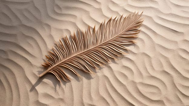 Plam leaf on the tropical beach sand. Vacation and relaxation concept with dry palm leaf on the hot summer beach. Generated AI
