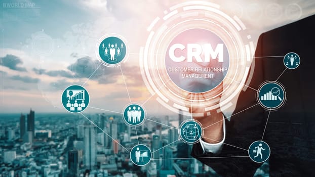 CRM Customer Relationship Management for business sales marketing system concept presented in futuristic graphic interface of service application to support CRM database analysis. uds