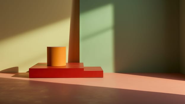 Pedestal in colorful room with shadows on the wall. Rich colored podium scene for product display. Generated AI