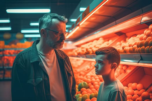 Family of father and son looking cool in 80s styled synthwave store. People in supermarket. Generated AI