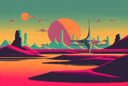 Retro styled sci-fi landscape with mountains. Retro futuristic science fiction illustration in drawing style with alien sun. Generated AI