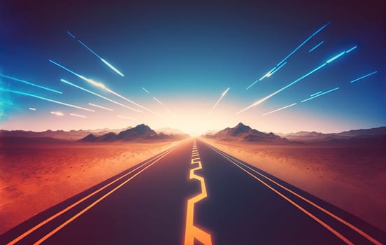 Road to the horizon concept with synthwave colors. Abstract background with surreal night way in 80s style. Generated AI