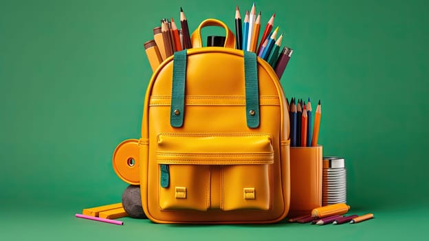 School backpack with colorful learning supplies. Back to school concept. Generated AI