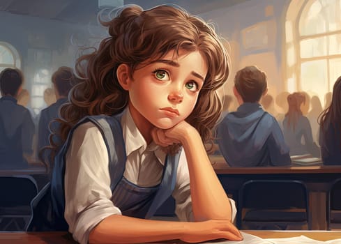 Young girl sits in a school classroom, surrounded by her peers. Drawn schoolgirl studying at a table in a classroom. Generated AI