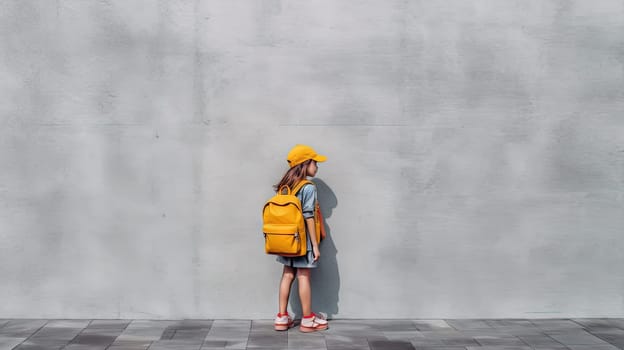 Schoolgirl standing by the wall. Colorful scene with girl with school backpack. Generated AI