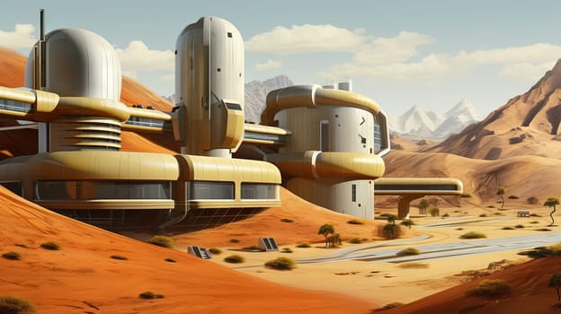 Retro futuristic architecture in sci-fi scene on the desert planet. Alien landscape with nostalgic retro future constructions. Generated AI