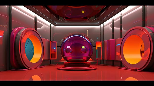 Spaceship or lab interior in retro futuristic sci-fi style with round doors. Generated AI