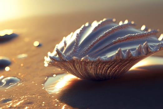 Abstract fantasy shell on the beach. Surreal seashell on the alien planet landscape. Generated AI