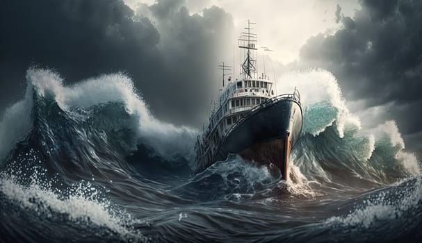 Ship in the stormy sea with huge waves. Giant stormy waves in the ocean and boat. Generated AI