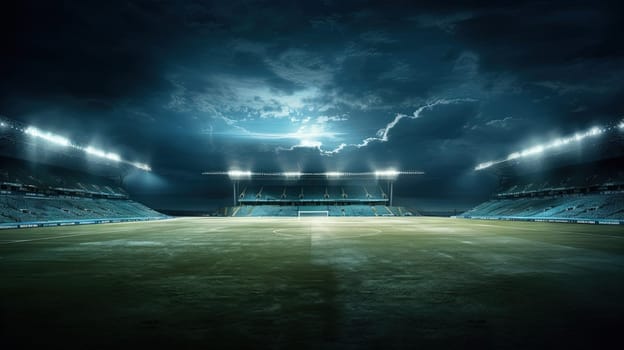 Illuminated stadium with green grass in the evening before the sport game championship. Generated AI
