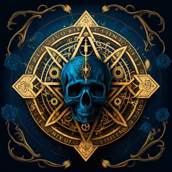 Blue skull on the abstract occult sign. Mystic golden ornament with magic skull. Generated AI
