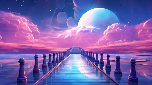 Synthwave styled pier, a bridge to the horizon in purple and blue lights. Generated AI