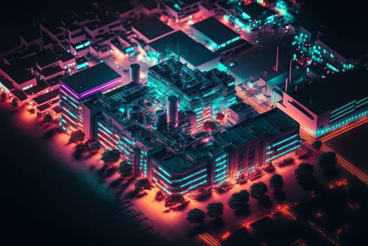 Abstract neon city aerial view. Technology concept of night cityscape with blue lights in synthwave style. Generated AI