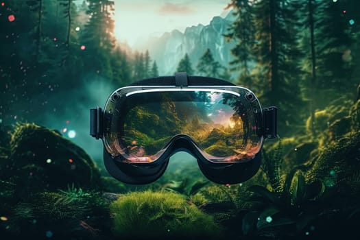 AR glasses technology concept with transparent goggles. Augmented reality futuristic immersive experience. Generated AI